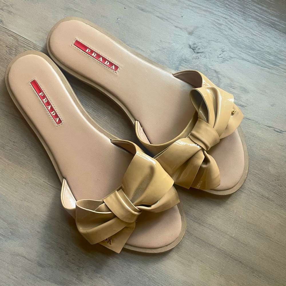 Prada Patent Leather Bowtie Nude Sandals